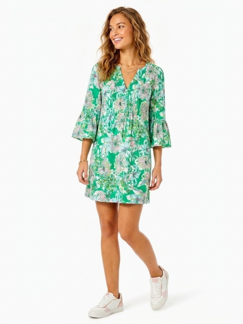 Lilly Pulitzer Size 8 Green Floral Pintuck Bell Sleeve Tunic Dress